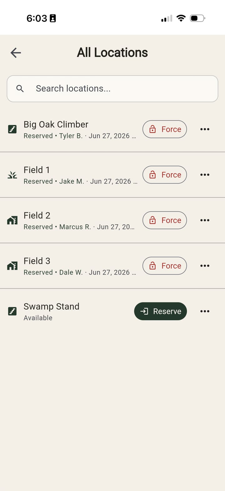 HuntTrax stand list showing which stands are reserved, by whom, and which are available