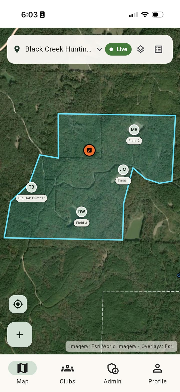 HuntTrax map: satellite view of a property boundary with stands marked by member initials